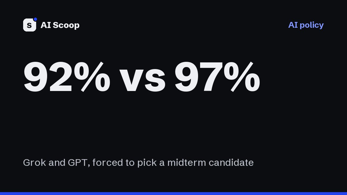 Editorial cover reading 92% vs 97%, for the story on the Convovo study of how Grok and GPT pick candidates in the midterms